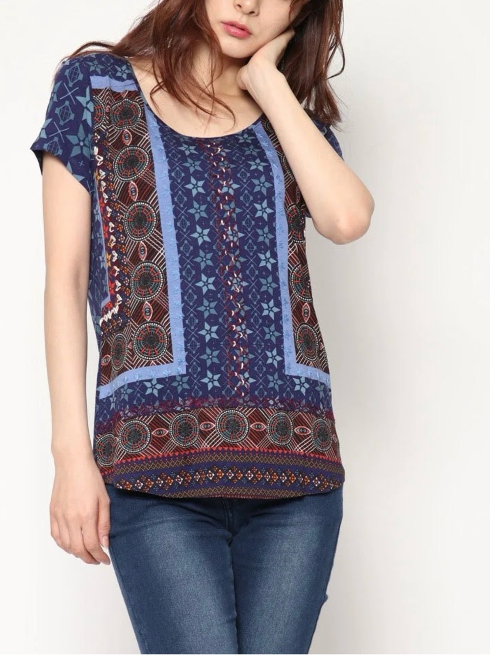 Desigual| Boho Navy Blue Multicolour Geometric Short Sleeve Casual Top Sz XL